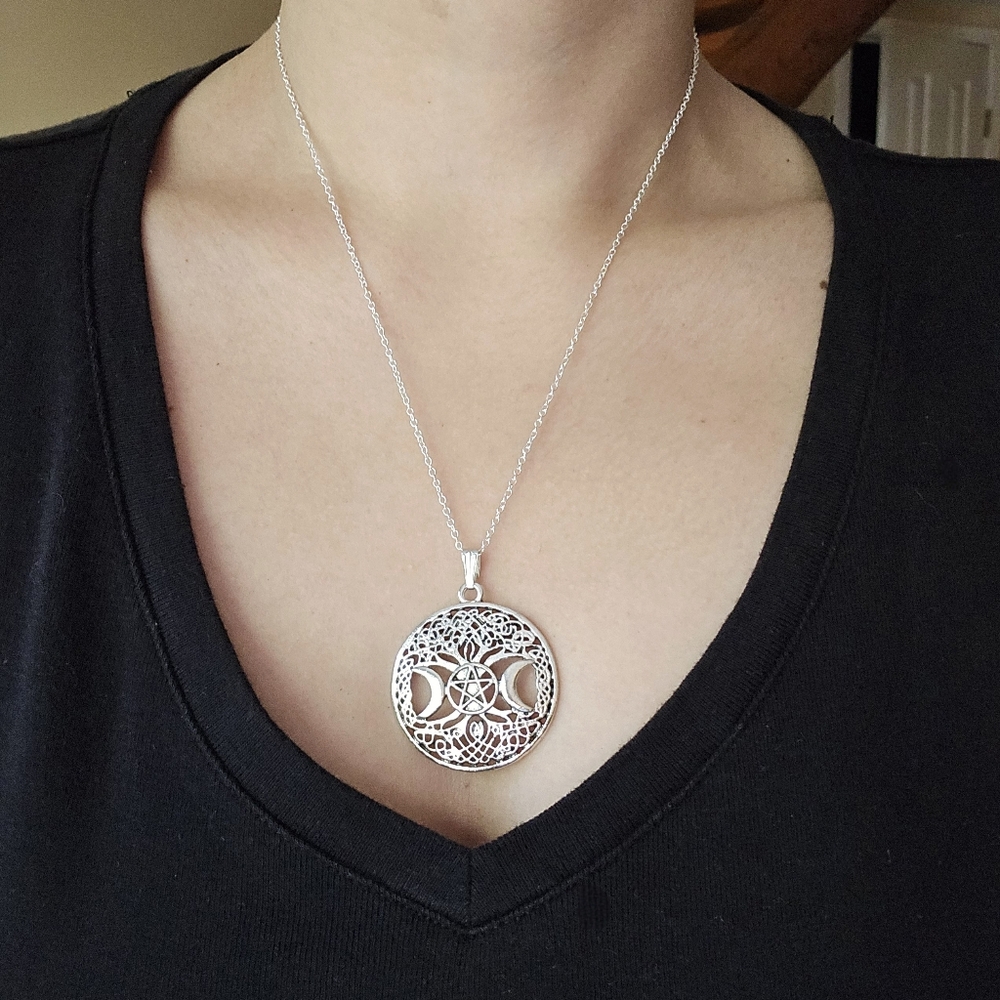 New Silver Tree of Life Pentagram Moon Necklace